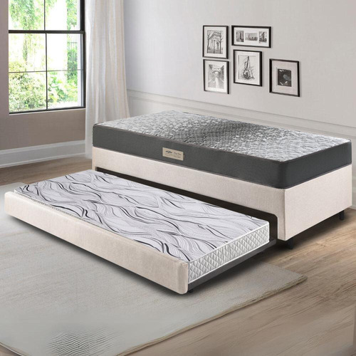 Bicama Box Solteiro Linho Bege 88x188 Com Colchão Dual Firm