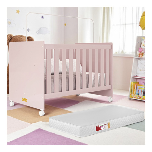Berço Americano Baby Bebê Bela Com Colchão Impermeável Incluso Rosa 3 Em 1 Multifuncional Vira Cama Quarto Infantil Regulagem Altura Rodizio