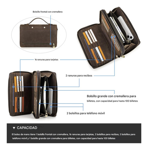 Contact's Clutch Hombre Bolso De Mano Con Bloqueo Rfid Café Cuero Crazy Horse