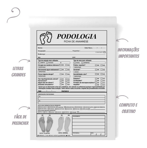 10 Blocos Ficha De Anamnese Para Podologia 100 Folhas Cada
