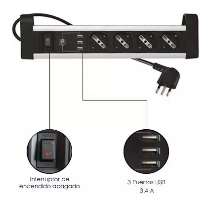 Alargador de corriente con salida USB C, 3 tomas, 4 puertos USB con 4.5 A  en total, centro de carga plano para mesa de escritorio, sin protección