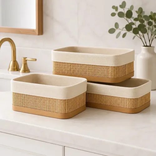 Lyor Kit 3 Cestos Organizadores Bambu Multiuso Lyor Com Forro Retangular Cozinha