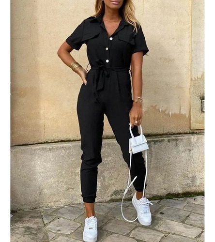 . Women's Casual Jumpsuit Deep V Neck With Buttons