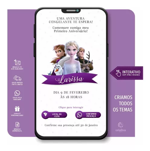 Convite Aniversario Virtual Personalizado Interativo Frozen - R