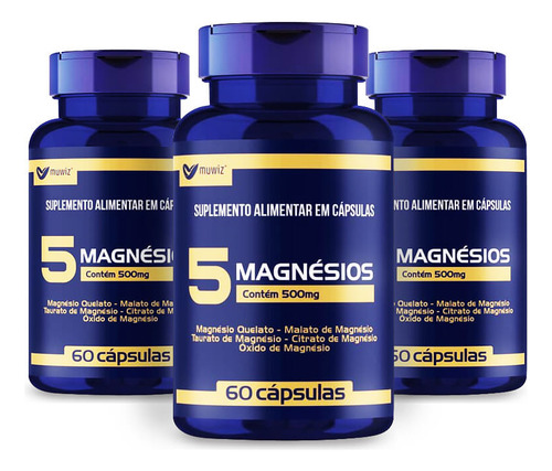 3 Vitamina Magnésio Muwiz 5 Magnésios 60 Cápsulas