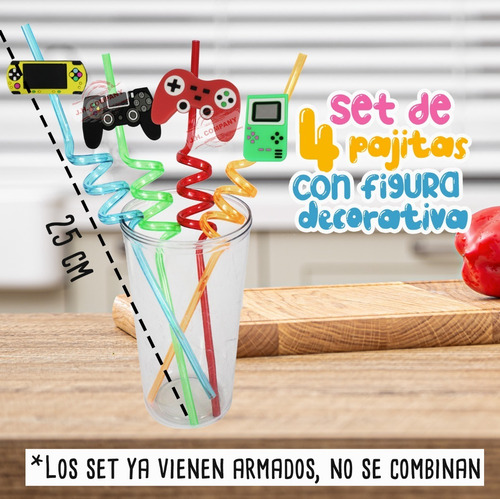 Set 4 Pcs Popote Reutilizable Infantil Varias Figuras Fiesta