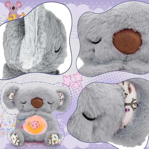 Koala De Peluche Respirante 27cm Con Luz Y Sonido Musica Gris