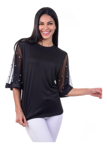 Al1475 Blusa Strech Con Mangas Traslucidas Con Perlas Fresca