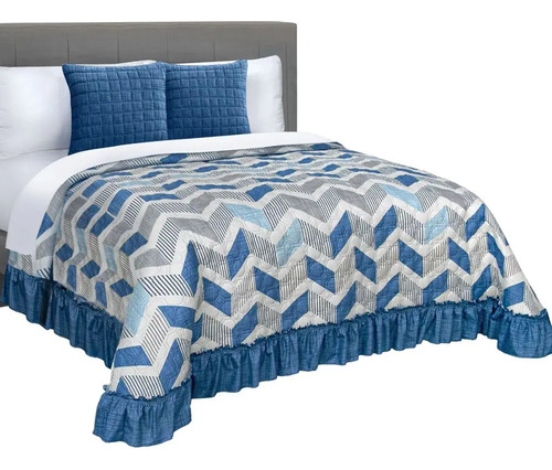 Colcha King Size Con 2 Cojines Soria Azul Geometrico