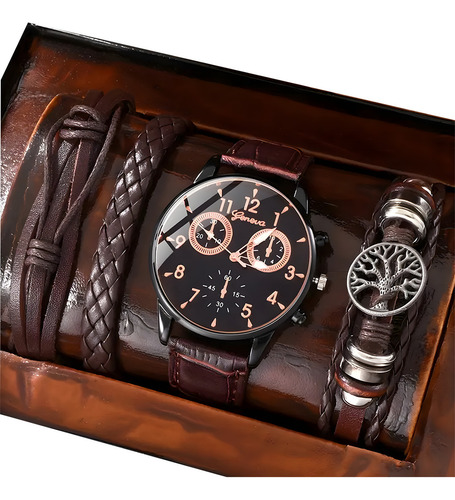 J Set De 4 Piezas De Reloj Y Pulsera De Cuero Pu For Hombre
