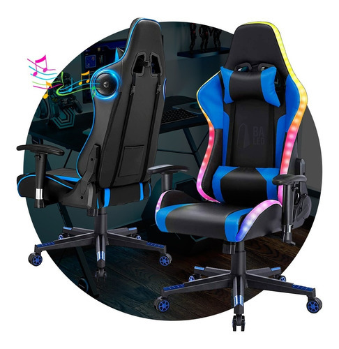 Silla Sillon Gamer Azul Rgb Parlantes Bluetooth Color Azul/negro Material Del Tapizado Cuero Sintético