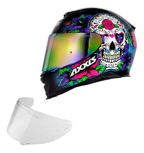 Capacete Axxis By Mt Skull Caveira Azul + Viseira Camaleão