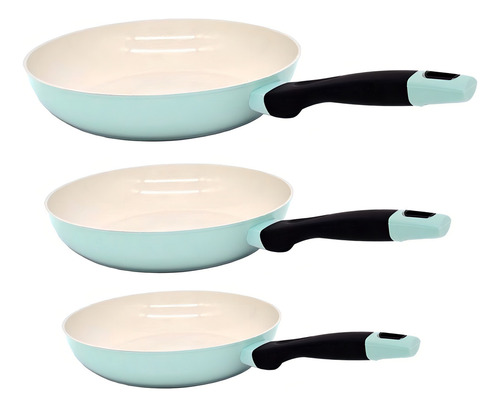 Jgo 3pz Sartenes Ceramica Antiadherente C/ Fibra De Carbon Color Beige/jade