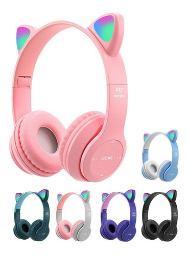 Imagen 2 de 3 de Audifonos Gato Orejas Luces Led Bluetooth Musica C/ Auxiliar