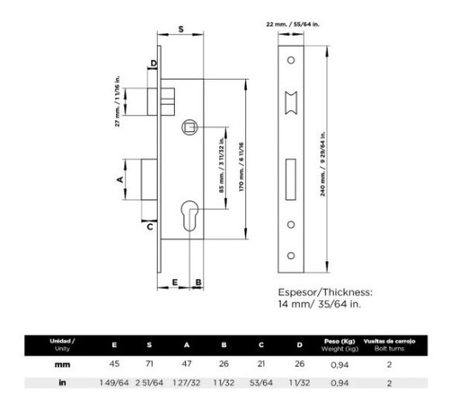 Cerradura De Embutir Cisa 83 Con 3 Llaves 45 Mm
