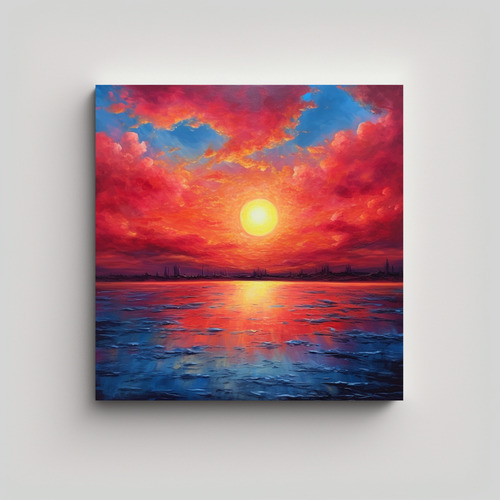 20x20cm Cuadro Amanecer Rojo Y Cielo Azul En Finas Líneas