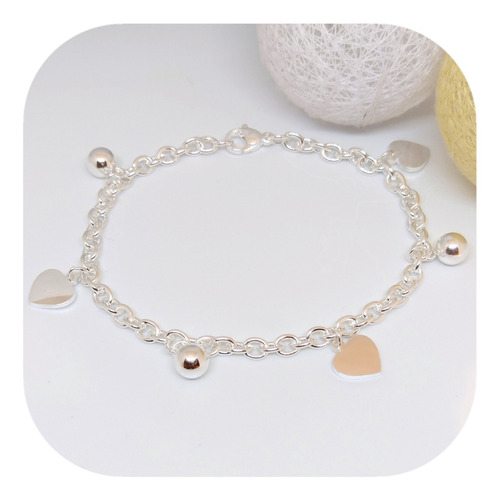 Pulsera Acero Blanco Eslabón Rolo Con Dijes Bolita Y Corazon