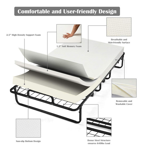 Cama Plegable Con Colchón Individual Portátil Y Ruedas