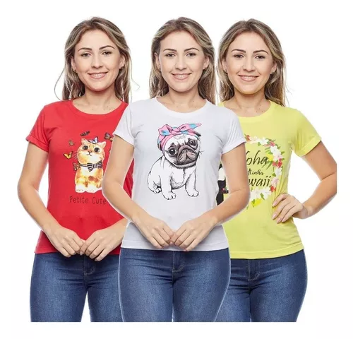 Kit 3 T Shirt Camiseta Feminina De Calor Manga Curta Barata