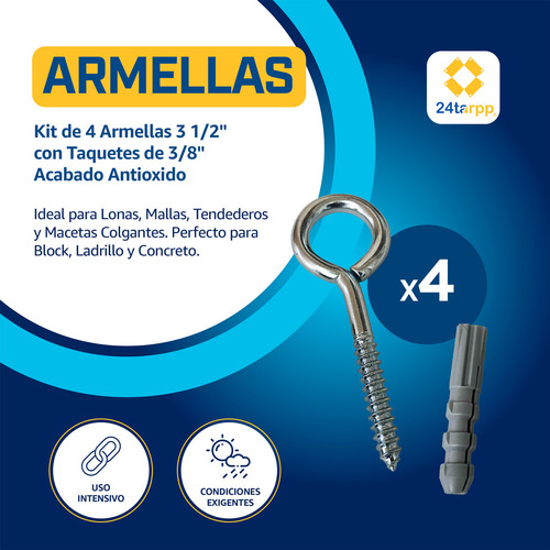 Kit 4 Armella 3 1/2 Uso Rudo Kit Instalacion Malla Sombra