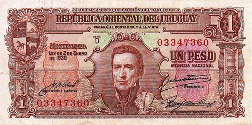 Billete De Uruguay - 1 Peso - 1939 - En Mendoza