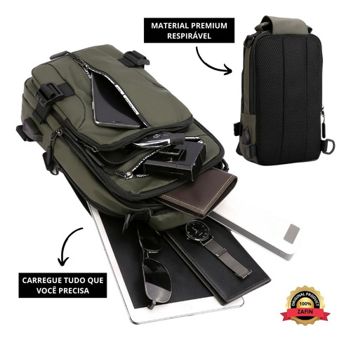 Mochila Transversal De Peito Mini Impermeável Pochete Viagem Bolsa Multifuncional Masculina Zafin Cor Preto