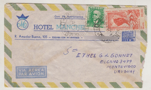 1967 Sobre Hotel Manchester San Pablo Brasil  Uruguay Sellos