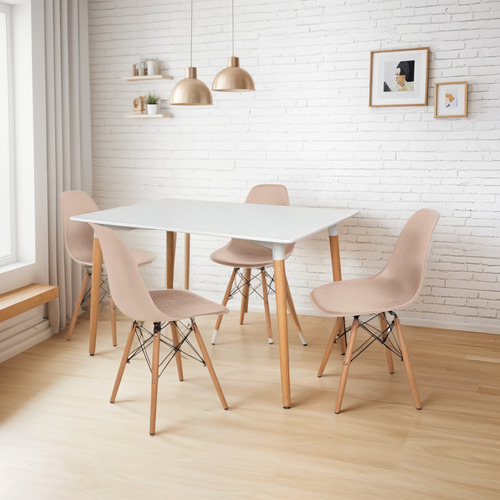 Kit Mesa Jantar Eiffel 120x80cm Branca + 4 Cadeiras Eiffel Cor Nude