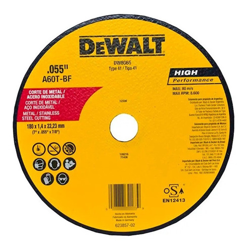 Disco De Corte Metal Dewalt 7 X 0.055 X 7/8 Dw8065