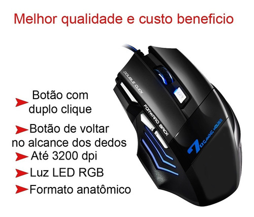 Imagem 2 de 10 de Mouse Gamer Usb Led 3200 Frames 7 Botões Alta Precisão Preto