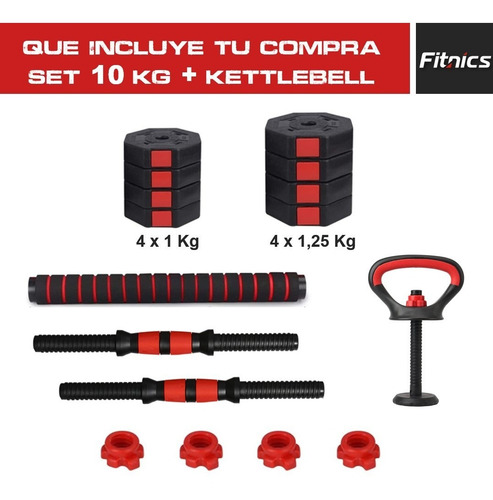 Imagen 3 de 9 de Set 2 Mancuernas Ajustables Total 10kg + Barra + Kettlebell