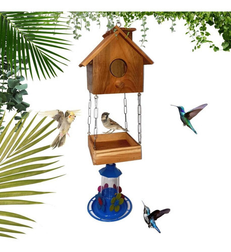 Planta de tratamiento y comedero para pájaros y bebedero de madera