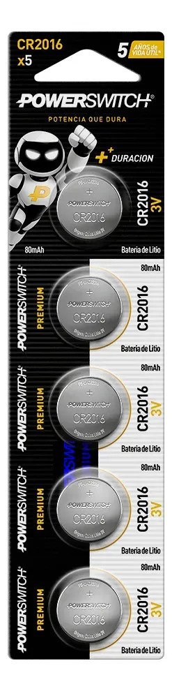 Pack de 5 Pilas Botón CR2016 Powerswitch de Litio de 3V
