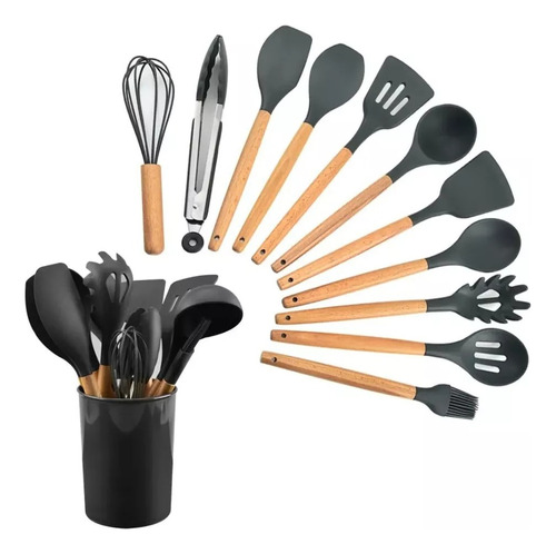 Kit Set X12 Utensilios Cocina Madera Y Silicona Excelente