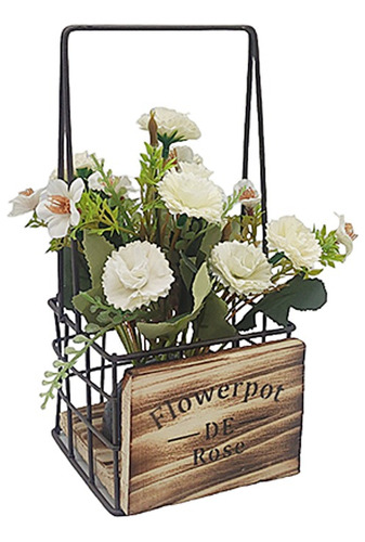 Flores En Canasta De Metal Y Madera