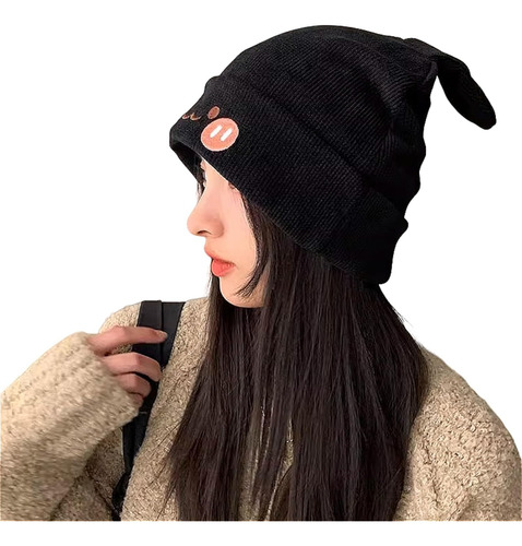 Gorro De Conejo Con Orejas De Conejo, Lindo Gorro De Punto Negro Talla Única
