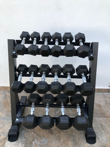 Set De 8 Pares De Mancuerna Hexagonal Ahulada Sin Rack Color Cromo-negro