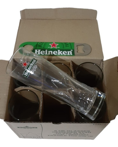 Caja 6 Vasos Heineken 250 Ml Estrella Relieve + Destapador