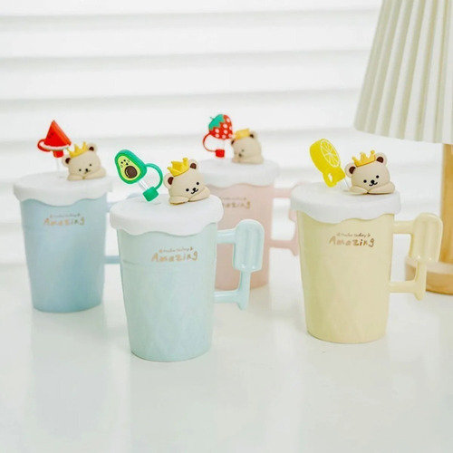 Imagen 5 de 10 de Taza De Cerámica + Sorbete De Vidrio Diseño Oso 450ml