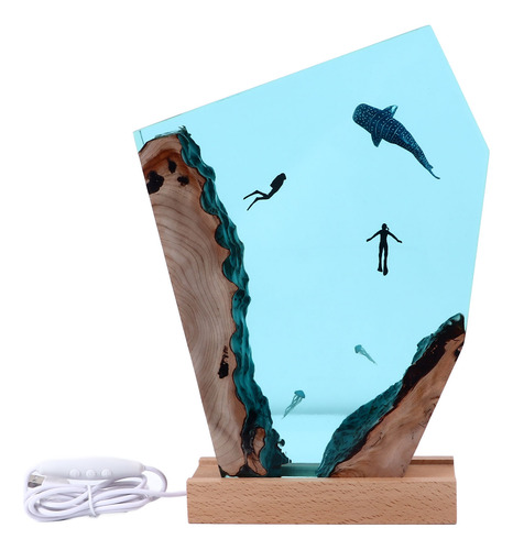 Whale Art Diver Cave Ocean Resin Wood Usb Powered Button