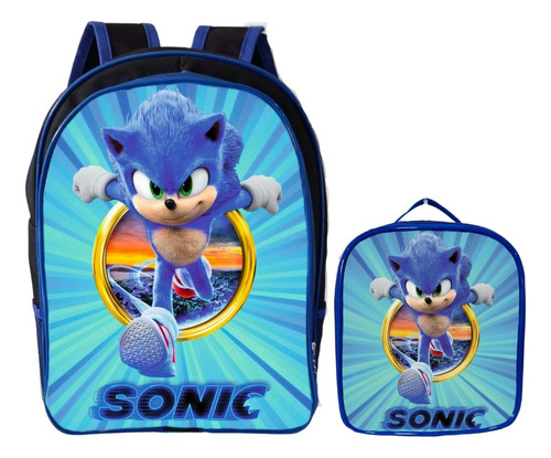 Mochila Infantil Escolar Juvenil  Lancheira Bolsa Térmica Cor Azul Desenho Do Tecido Sonic