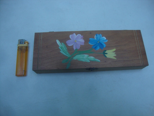Antigua Caja Cartuchera De Madera Flores 22,3 X 7,9 X 3 Alto