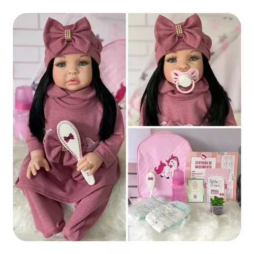 Boneca bebe reborn morena com cilios roupa rosa 16 itens