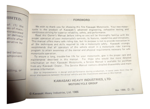 Kawasaki Ninja 250 R 1986 Manual Del Propietario (Usado)