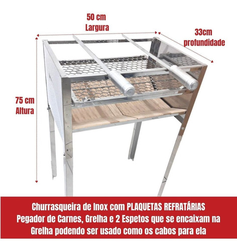 Churrasqueira De Inox Com Pedra Refrataria Grelha E Espetos