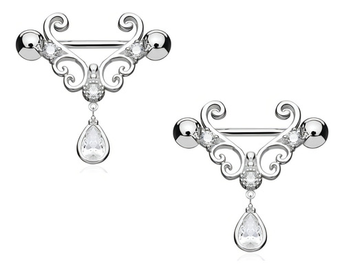 Par de piercings para pezones en el pecho, colores titanio, modelos de gotas, color plateado, piedra blanca