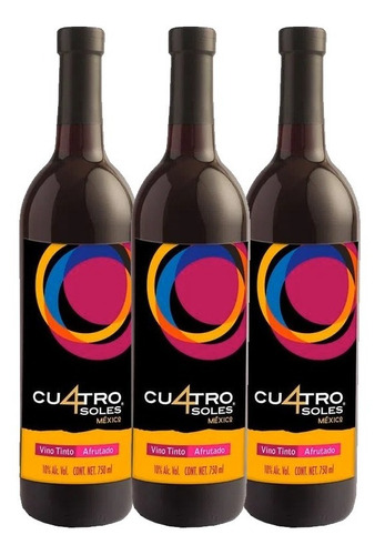 Pack De 3 Piezas De Vino Tinto Cuatro Soles Afrutado 750 Ml