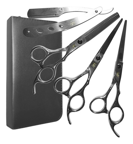 Kit 3 Tesouras Profissionais Cabelo Fio Navalha Fio Laser Desfiadeira + Navalha E Estojo Cor Silver