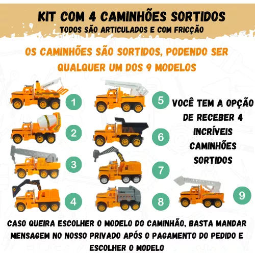 Kit com 4 Tratorzinhos de Construção – Articulados – Aprox 17 Cm