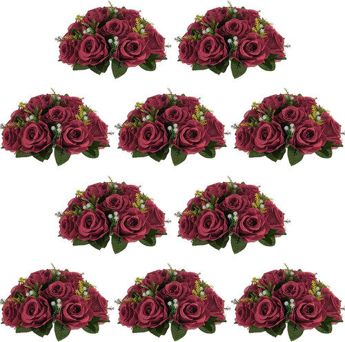 Flores Artificiales 15 Cabezas De Rosas Borgoña Pack 10u.